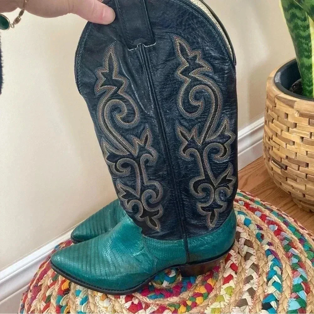 Justin green black cowboy santiags western  boots - Picture 3 of 7